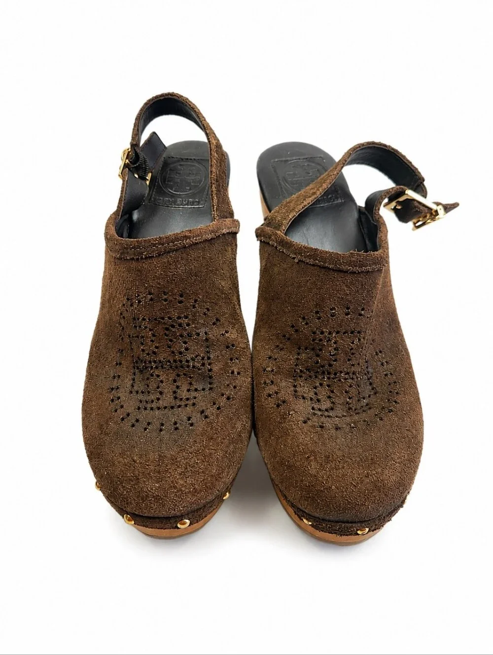 Tory Burch Brayden Brown Suede Wood Platform Slingback Clogs Heels 8.5M